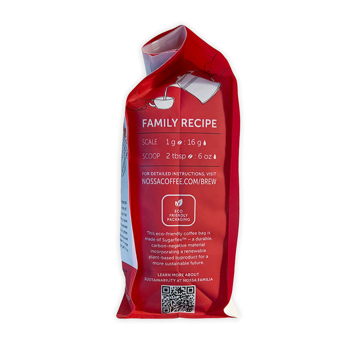 Side of a Nossa Familia 12oz coffee bag