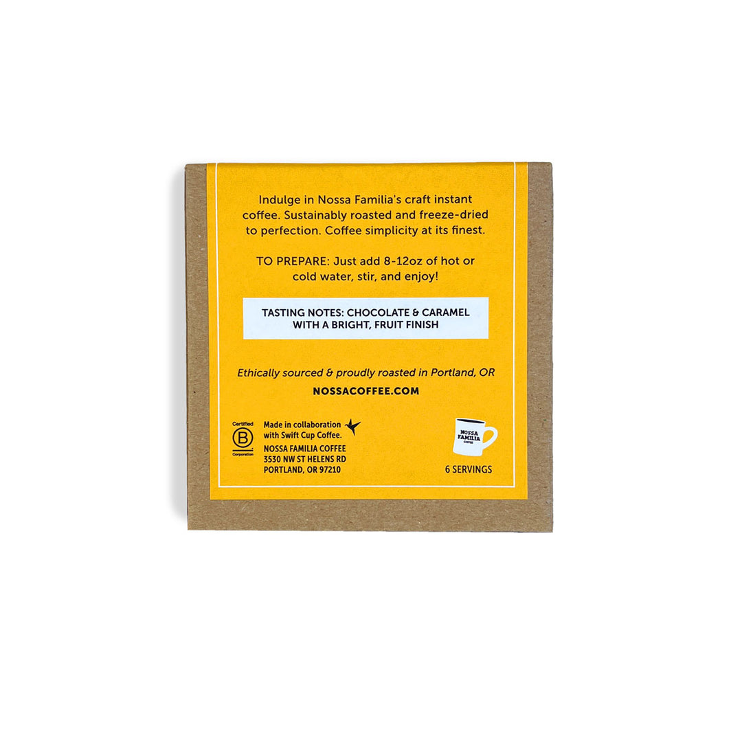 Nossa Familia Instant Coffee 6-pack, back of box