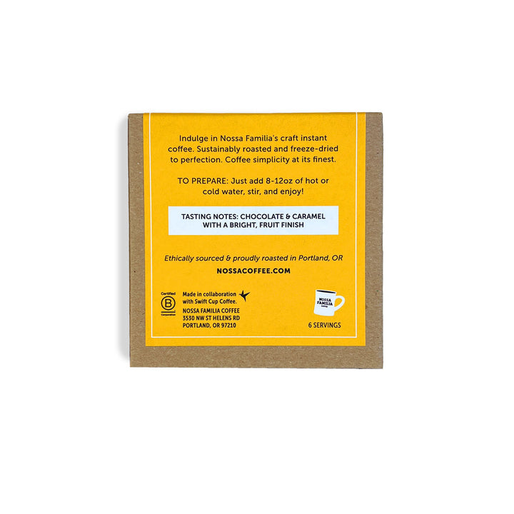 Nossa Familia Instant Coffee 6-pack, back of box