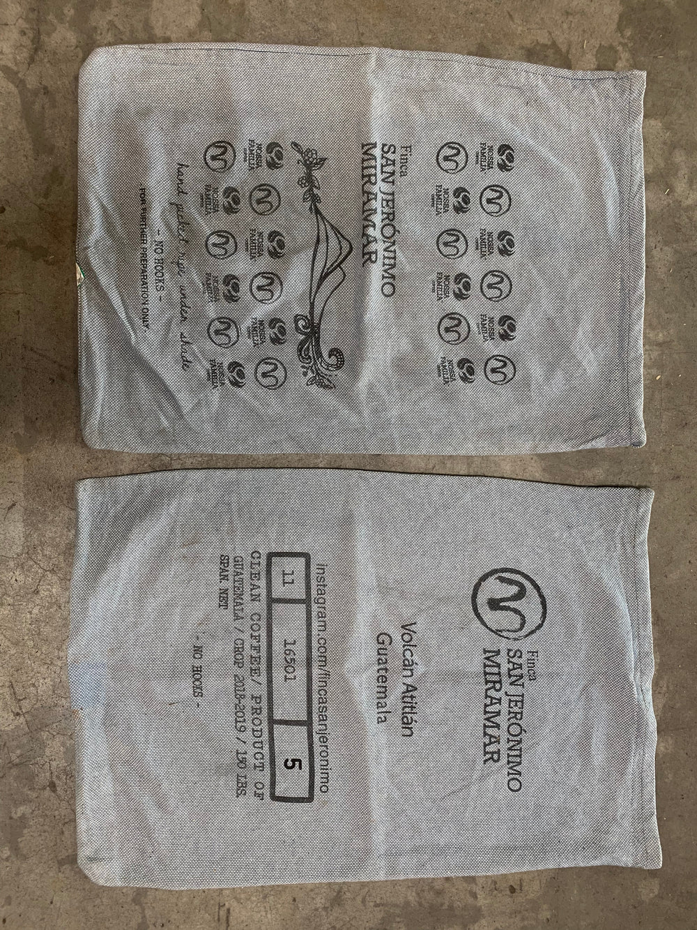 Denim coffee sack, alternate view – Nossa Familia Coffee