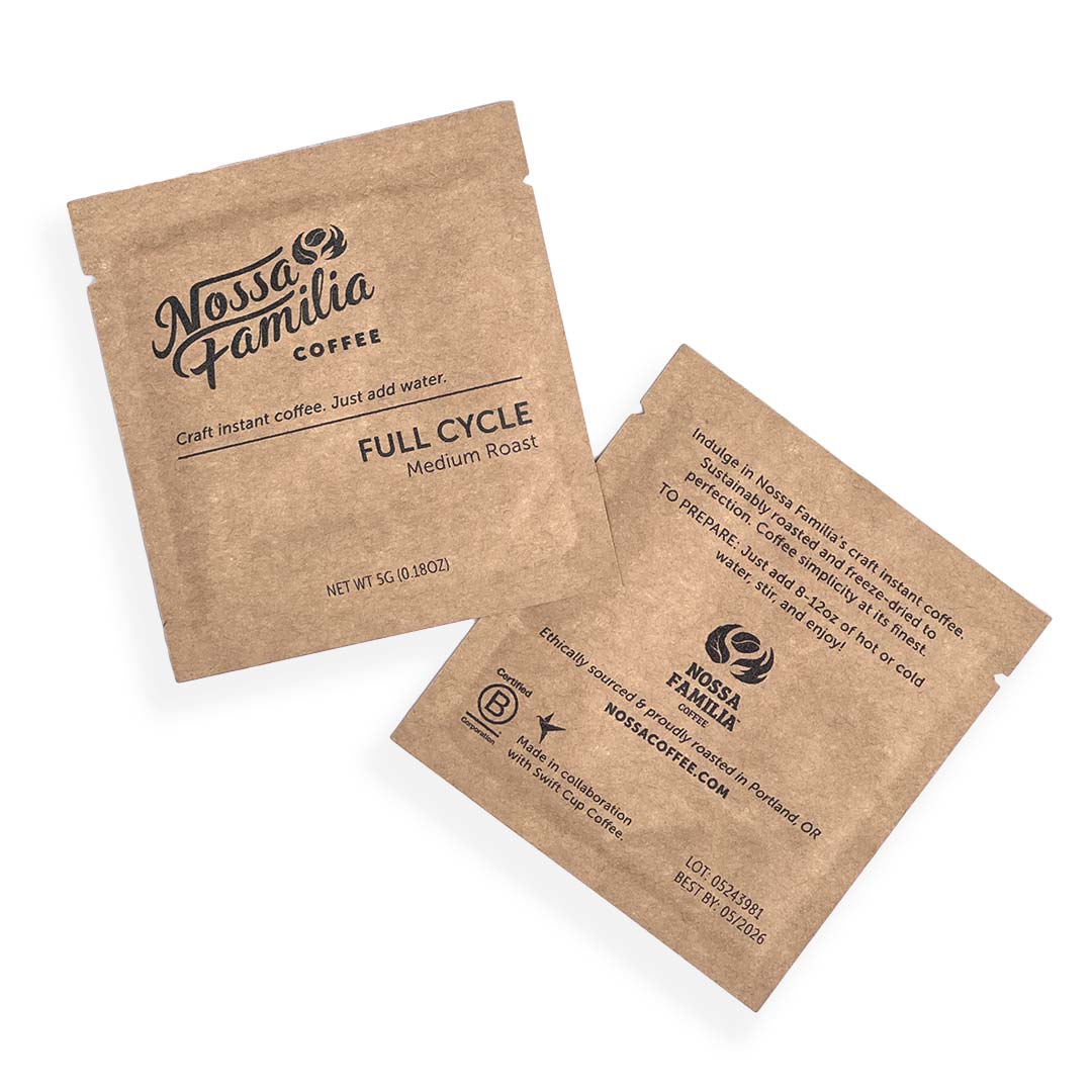 Nossa Familia Full Cycle instant coffee sachets arranged in a bulk bundle