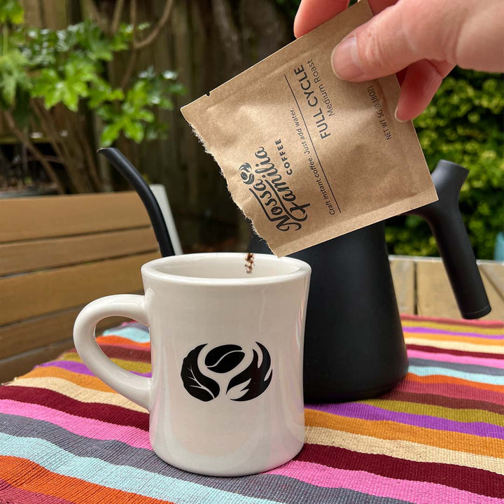 Nossa Familia Instant Coffee sachet, close-up