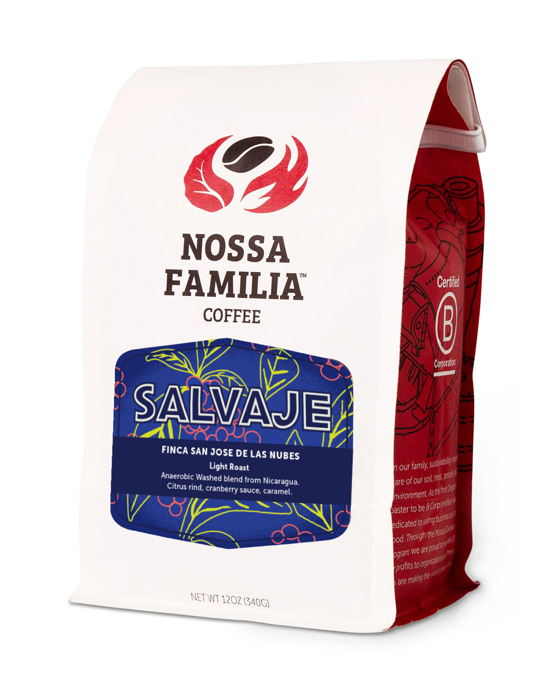 Nicaragua Salvaje coffee, 12oz bag, three-quarter view – Nossa Familia Coffee