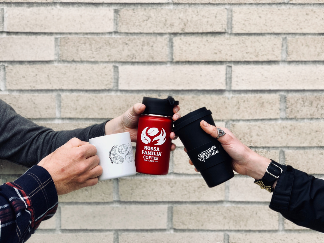 Nossa Familia Coffee Reusable Mugs Cheers Portland Oregon