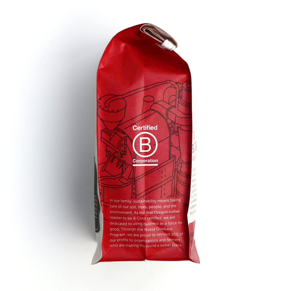 Side of a Nossa Familia coffee bag, showing the Certified B Corporation mark