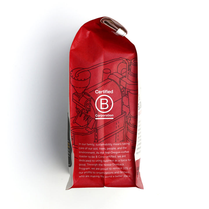 Side of a Nossa Familia coffee bag, showing the Certified B Corporation mark