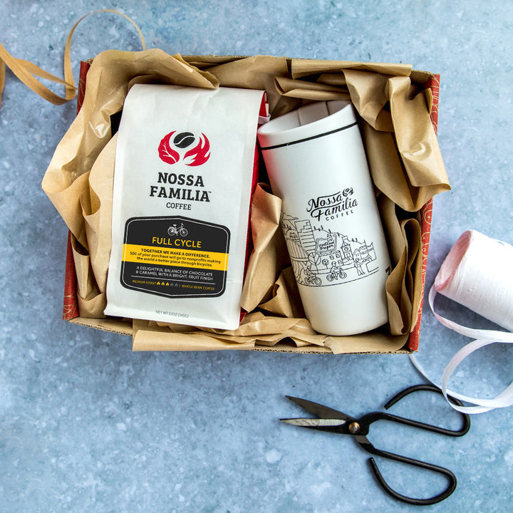 Full Cycle and MiiR tumbler gift set, lifestyle photo – Nossa Familia Coffee